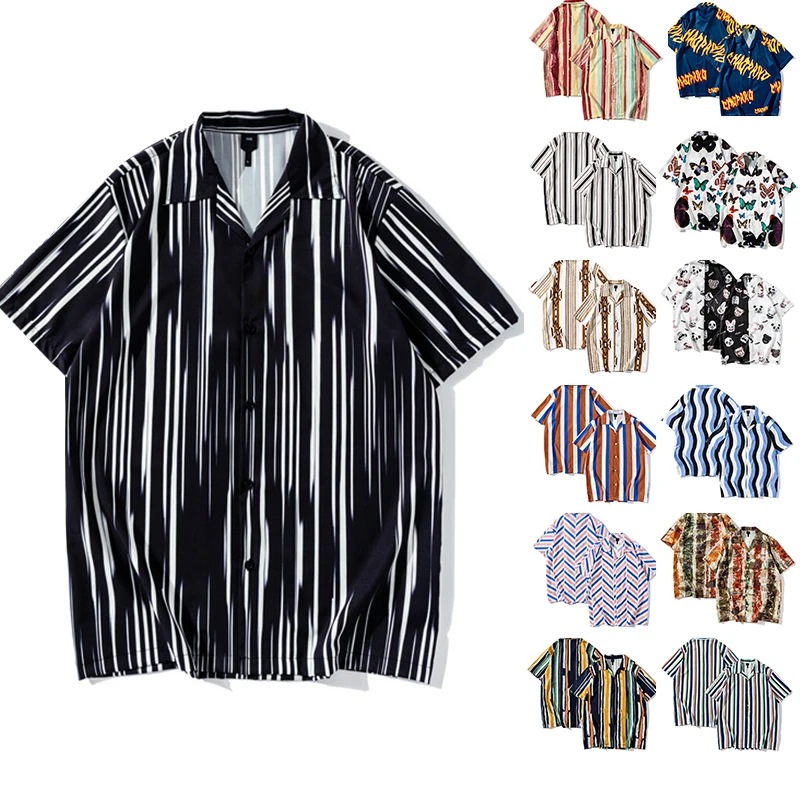 Dropshipping Products 2022 Summer Printed Fabric Elbow Sleeve Work Shirt Men Striped T Shirt