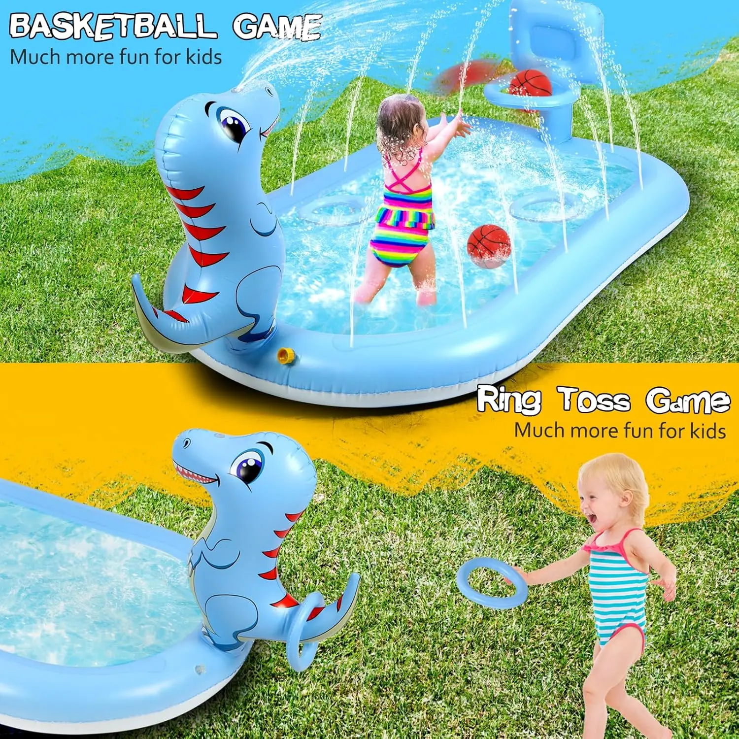3 in 1 Inflatable Kiddie Pool Play Center Including Basketball Game and Ring Toss Game Dinosaur Design Outdoor