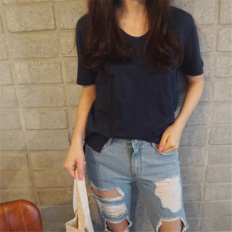 Женская повседневная одежда с О-образным вырезом, из хлопковой фасонной пряжи сплошной цвет пуловер с коротким рукавом OEM Пустой Логотип по индивидуальному заказу с вышивкой, футболка