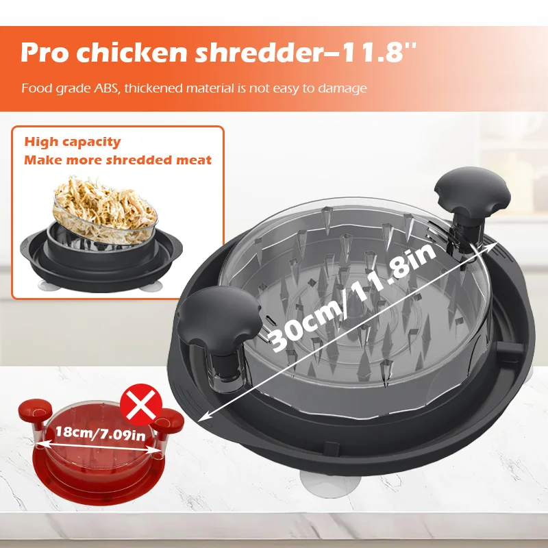 12in BPA Free Kitchen Twist Chicken Mincing Manual Meat Chicken Breast Shredder with Suction Mat Transparent Tray and Lid