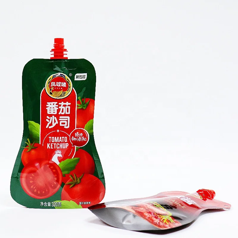 Custom Printed Free Shape Stand Up Spout Pouch Ketchup Black Pepper Sauce Juice Food Top Spout Packaging Bag