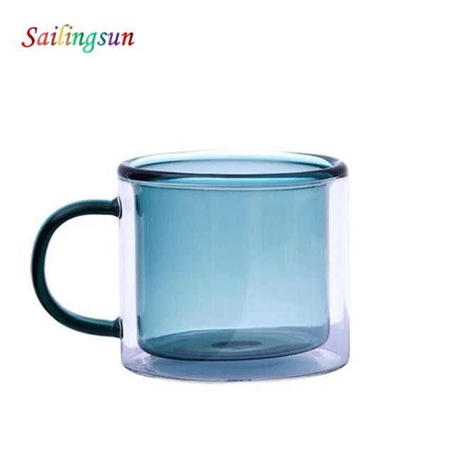 wholesale household colourful  double wall handle glass coffee mug