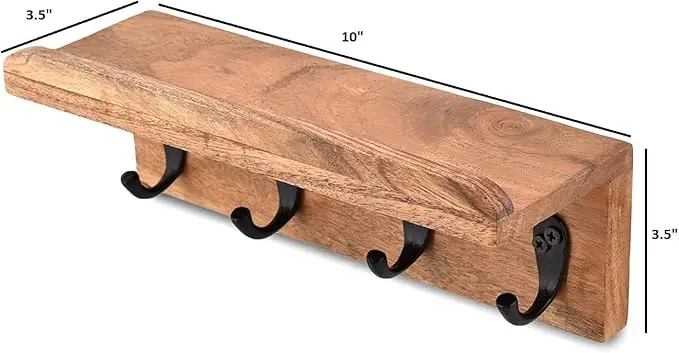 Acacia Wood Rustic Key Holder for Wall, Farmhouse Wall Shelf with 4 Hooks for Entryway Farmhouse Kitchen