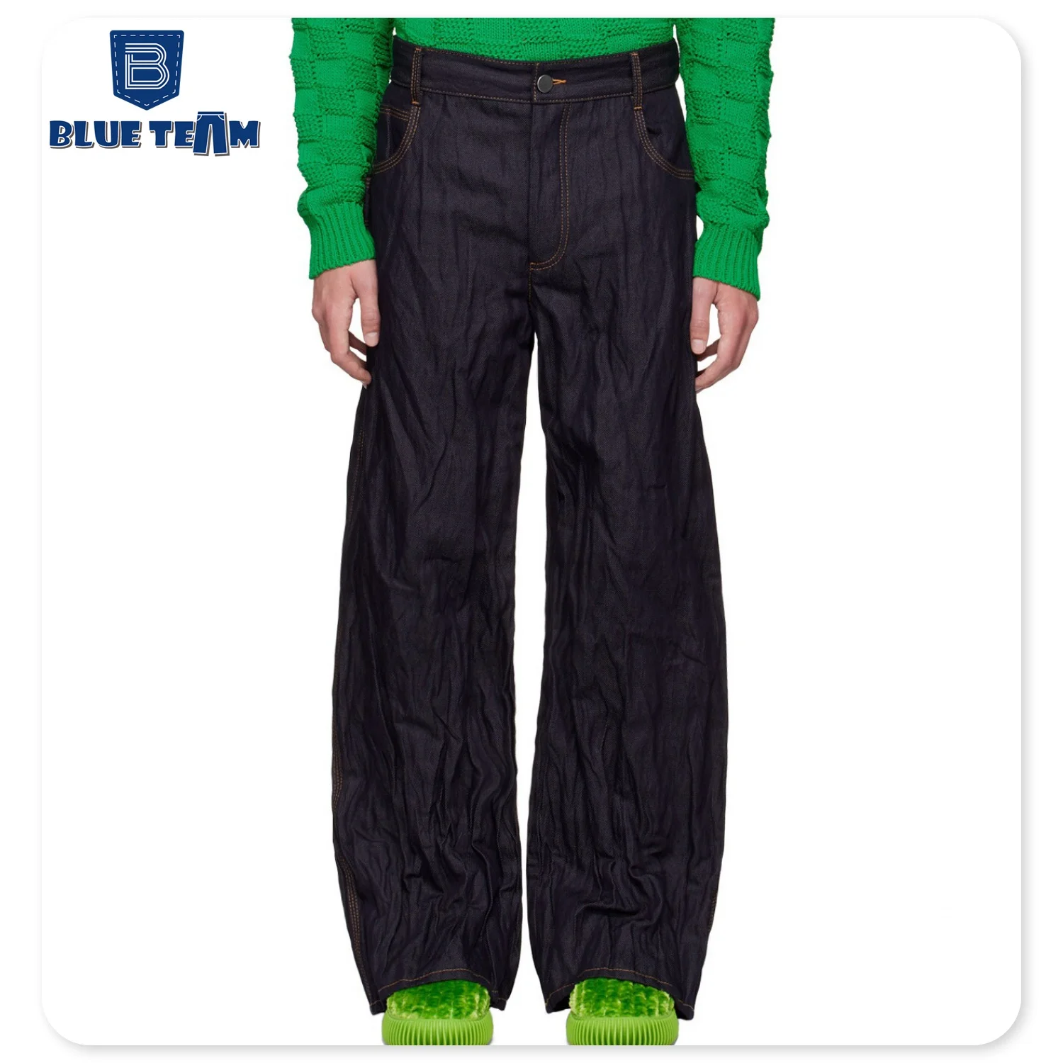 Blue Team | Custom denim jeans manufacturer wrinkled bell bottom jeans men loose baggy denim pants wide leg denim jeans for men
