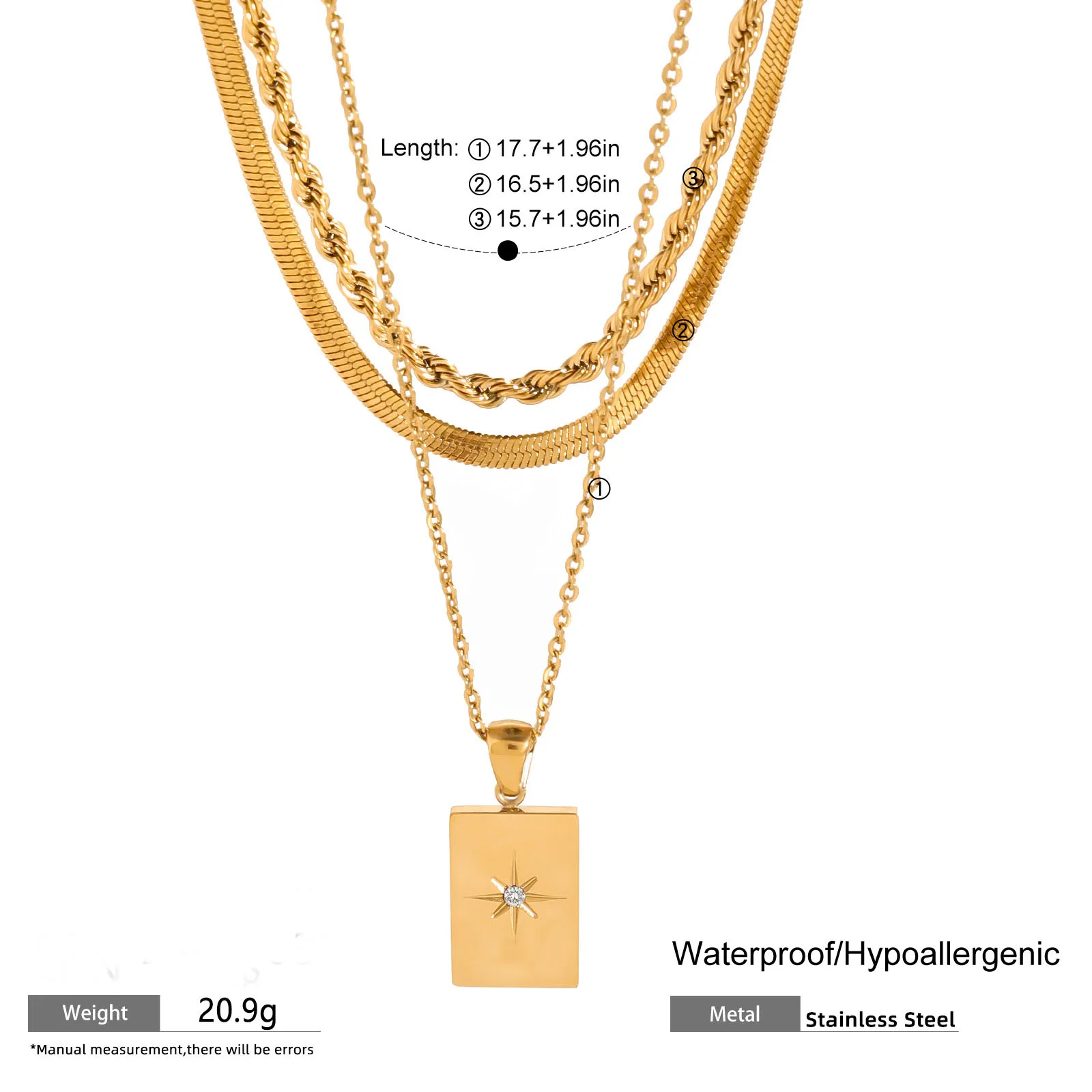 ERESI Fashion Jewelry Three Layered Chain Square Pendant Necklace Stainless Steel Paperclip Chain Zircon Star Necklace For Women