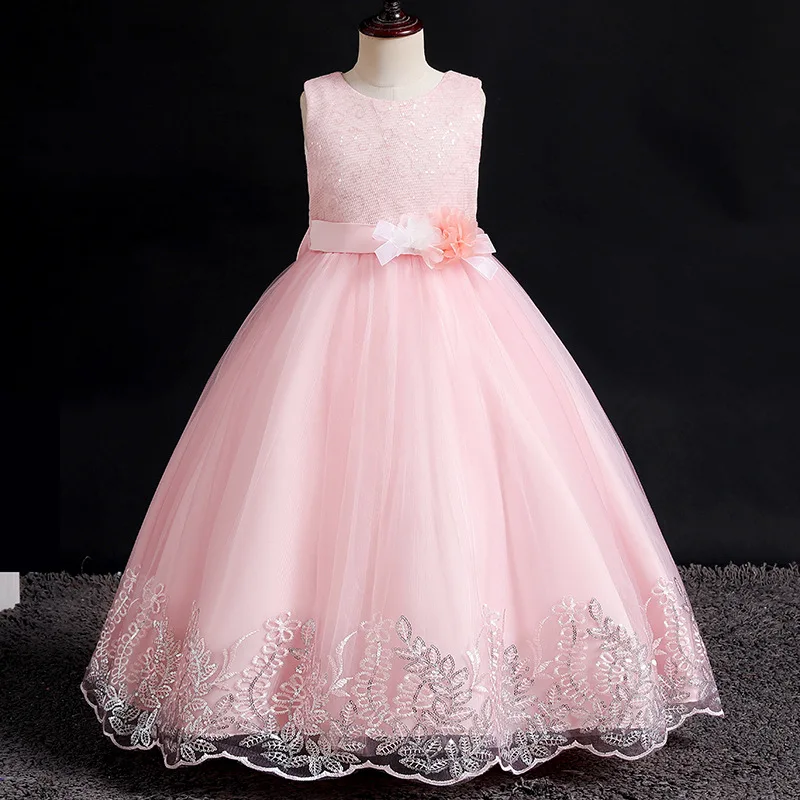New Wedding Flower Girls Dress for Kids Lace Embroidered Bow Princess Dress Children Birthday Party Ball Gown