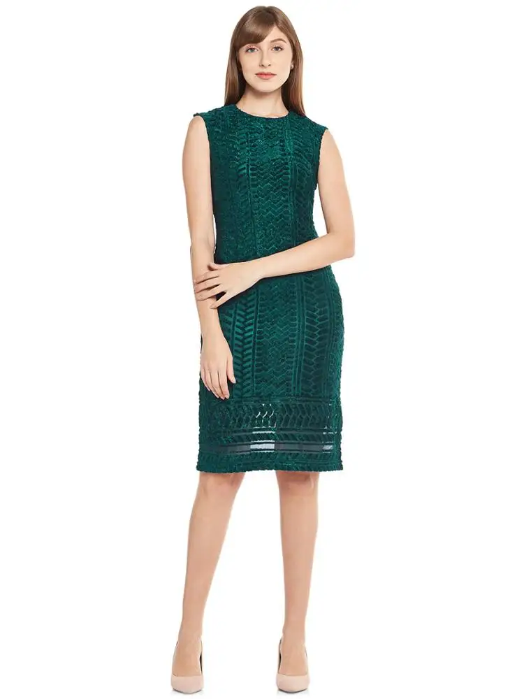 PURSUIT SHEATH DRESS IN GREEN WITH SELF-DESIGN