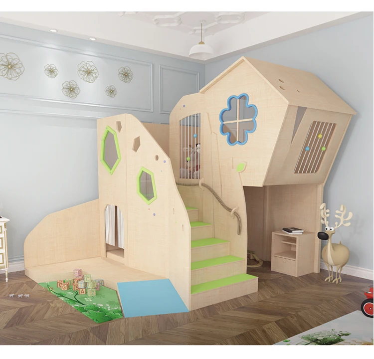 Moetry Singapore Hot Sale Daycare Kids Indoor Play Loft Lucky Clover Wooden Indoor Playground Playhouse