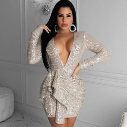 Peeqi Deep V-neck backless long sleeve mini dress sequined evening gown dress sexy party club wear casual dress women clothes