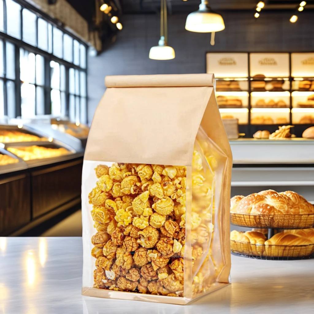 In Stock Toasted Bread Packaging Bags With Rolled Thread Sealing Eight Sided Flat Bottomed stand Up Bag For Snacks Takeout Bread