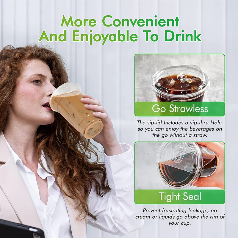 SKYDEAR 20 oz Clear Plastic PET Cups With Strawless Sip Lids Disposable Plastic Cups With Sip Through Lids for Ice Coffee