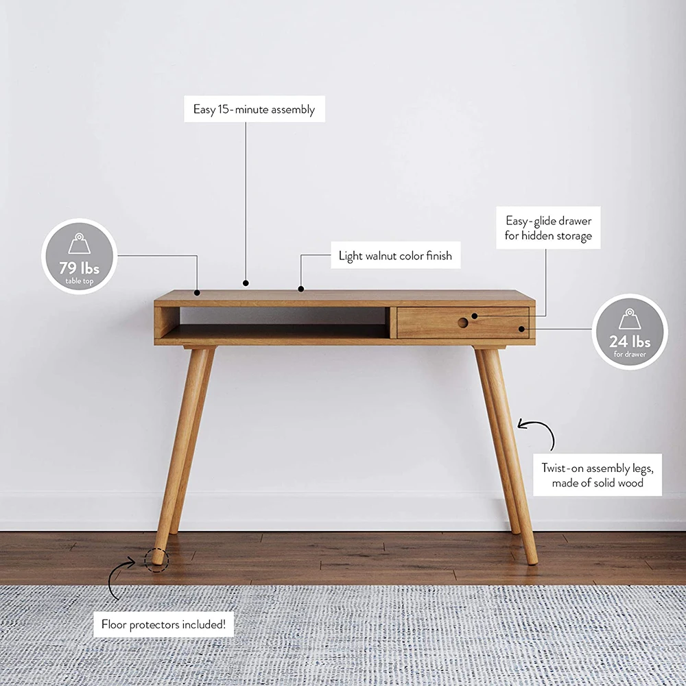 Modern Home Office Writing Table Laptop Computer Desk with Open Storage Cubby Small Drawer