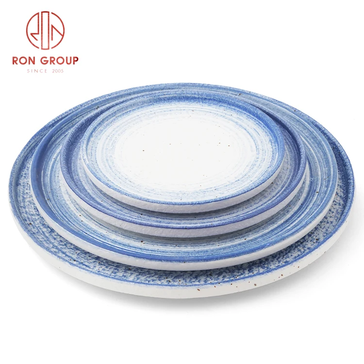 custom printed Round crockery flat wholesale hotel blue pink dining kitchen restaurant porcelain dinner ceramic plates dish set
