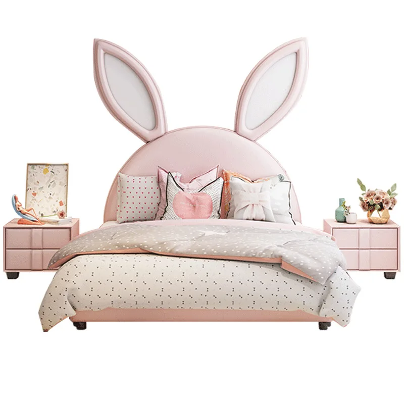 Cute Pink Bunny Ears Design Children Beds Solid Wood Double Kids Beds Cartoon Animal Shape Bedroom Furniture