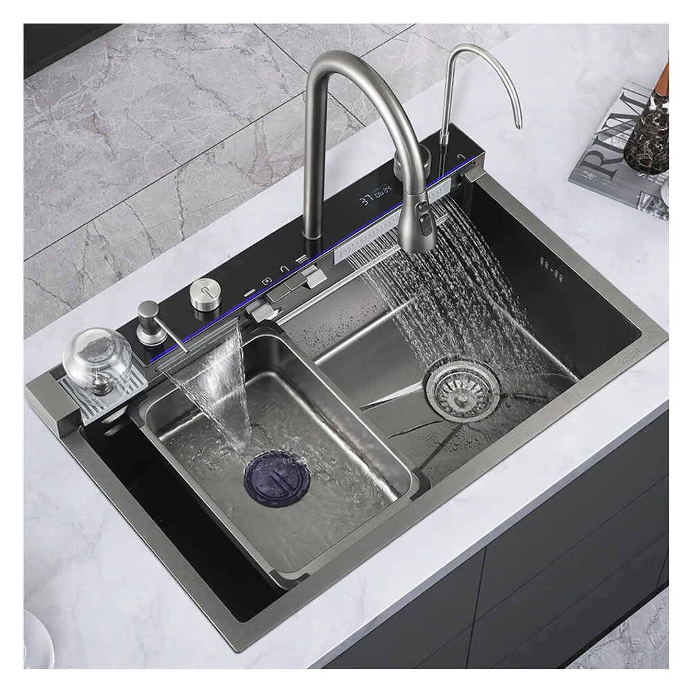 Manufacturer Farmhouse Multi Function Corner Undermount Digital Hidden Stainless Steel Price European Smart Kitchen Sink