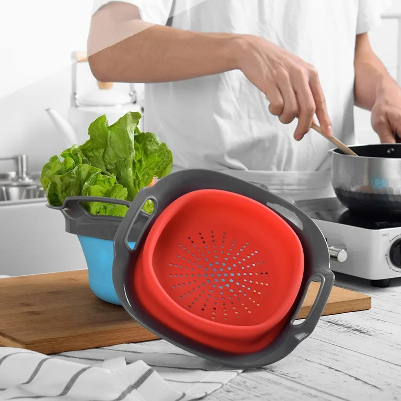 Amazon Wholesale 2pcs Collapsible Colander Kitchen Vegetable Fruit Foldable Large Plastic Colander 50cm