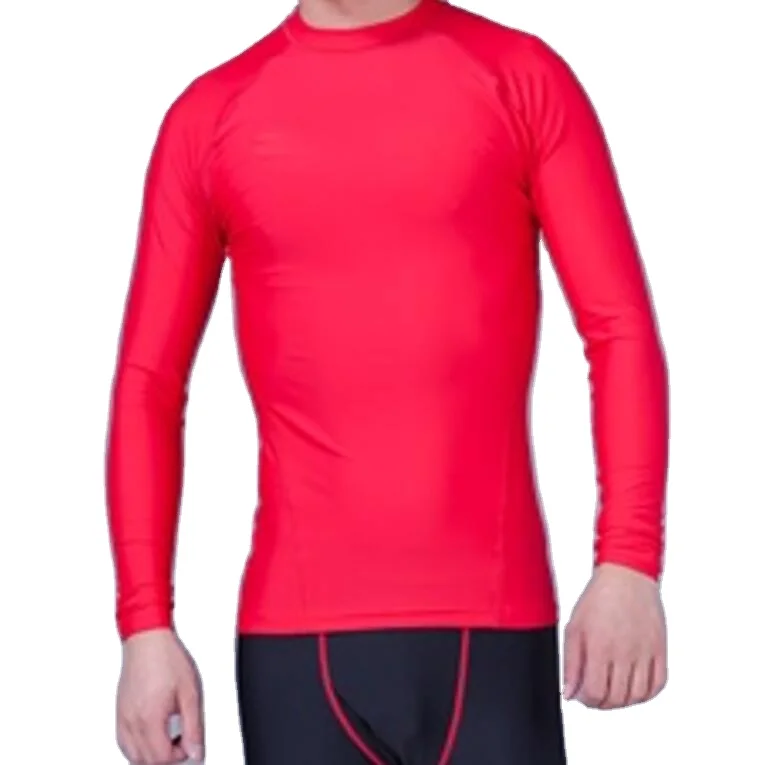 Customized Mens Red Nylon Spandex Long Sleeves Stretch Lycra Surfing Swimming Rash Guards for WaterSports Wear