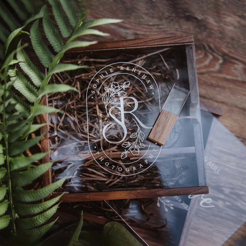 luxury transparent slide lid custom logo walnut compartment crafts usb flash display custom album wooden photo box packaging
