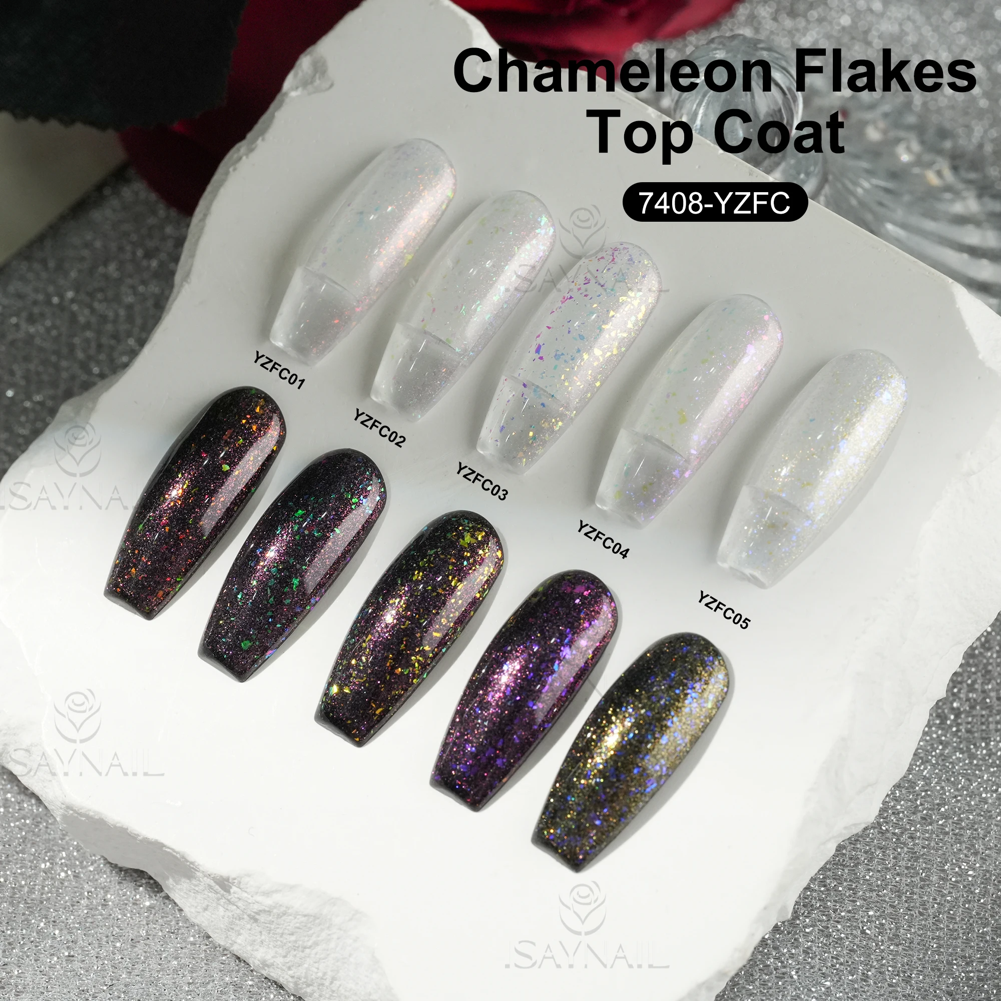 Wholesale Nail Supplier UV Long Lasting Art Nail Custom Logo Glitter Chameleon Flakes Top Coat Gel