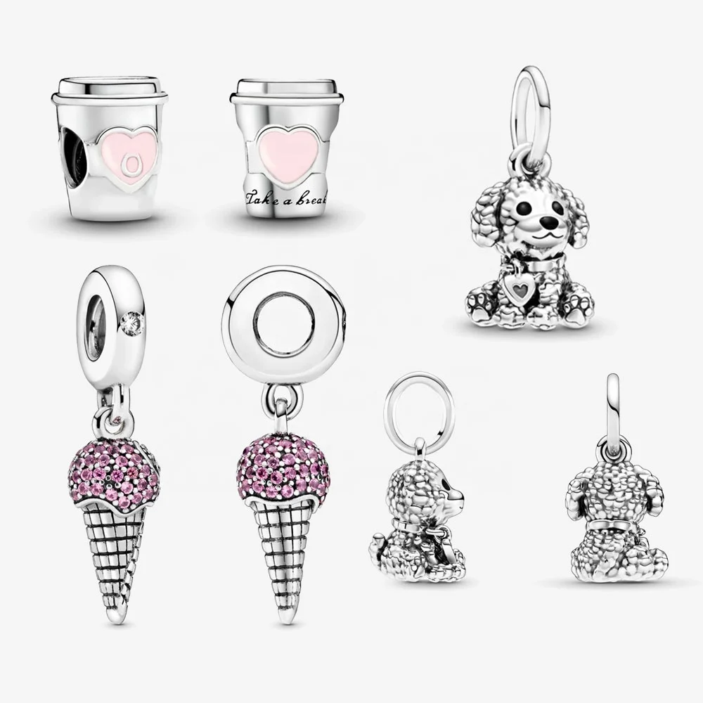 Ice Cream Pendants Icecream Cup Cute Teddy Dog Charms For Sterling Silver 925 Bracelets & Bangles Accessories For Women Jewelry