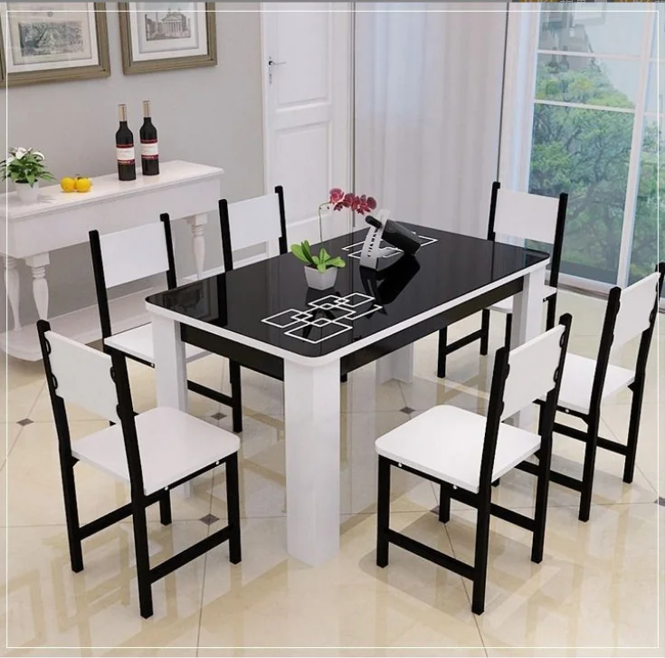 Simple Modern Home Rectangular Tempered Glass top Dining Table and 6 chairs set