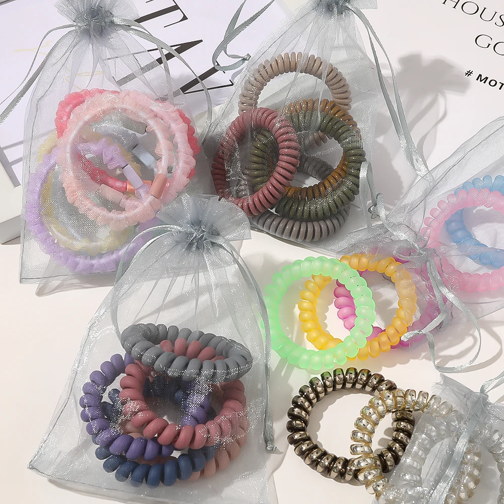 5Pcs Candy Color Elastic Telephone Scrunchies Coiled Hair Ties Wire Telephone Line Hair Tie Set