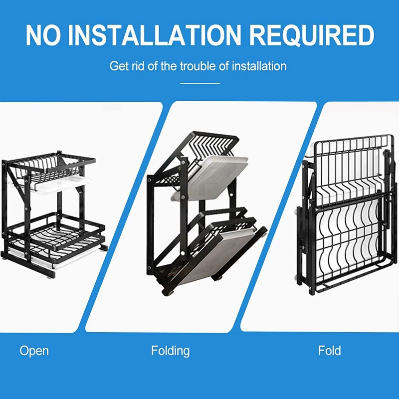 2 Tier Collapsible Dish Drying Rack Folding Plate Holder Dishes Drainer Dryer Organizers with Drainboard for Kitchen Counter