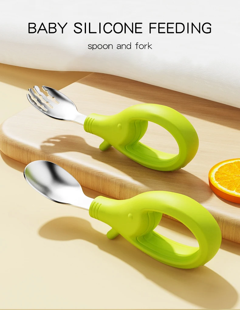 Factory Wholesale 100% Food Grade Silicone + Metal Cute Elephant Baby Spoon Fork Set Eating Cutlery for Kid Feeding Training
