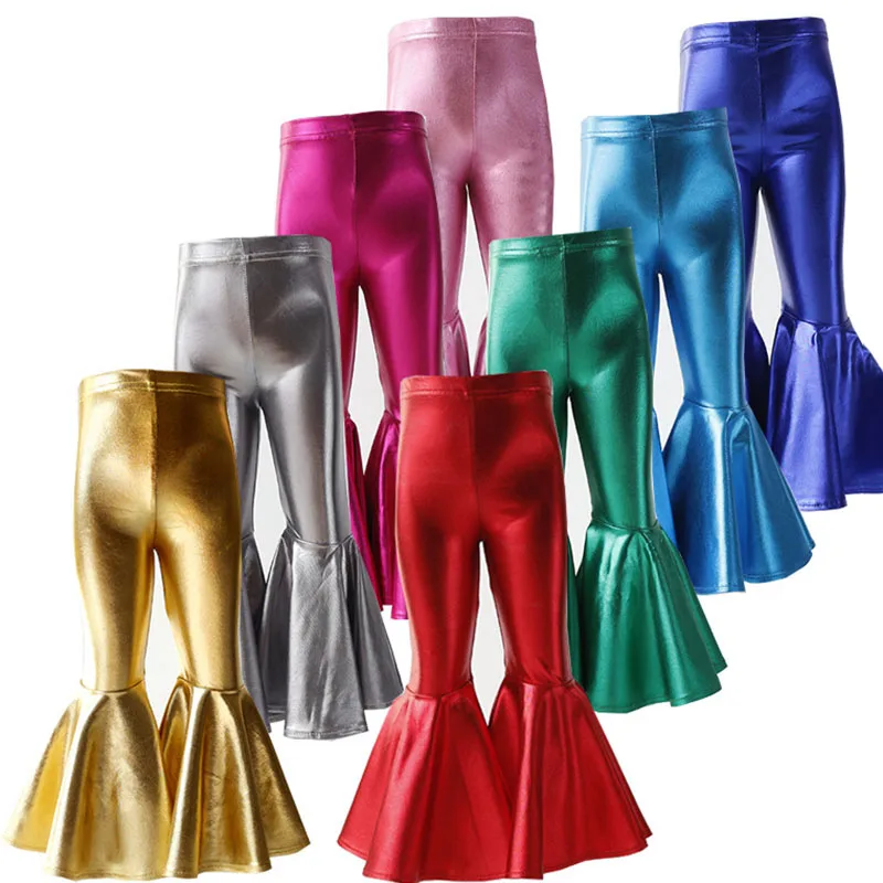 Wholesale kids clothes bright leather tight large wide leg bell-bottom girls ruffle pant