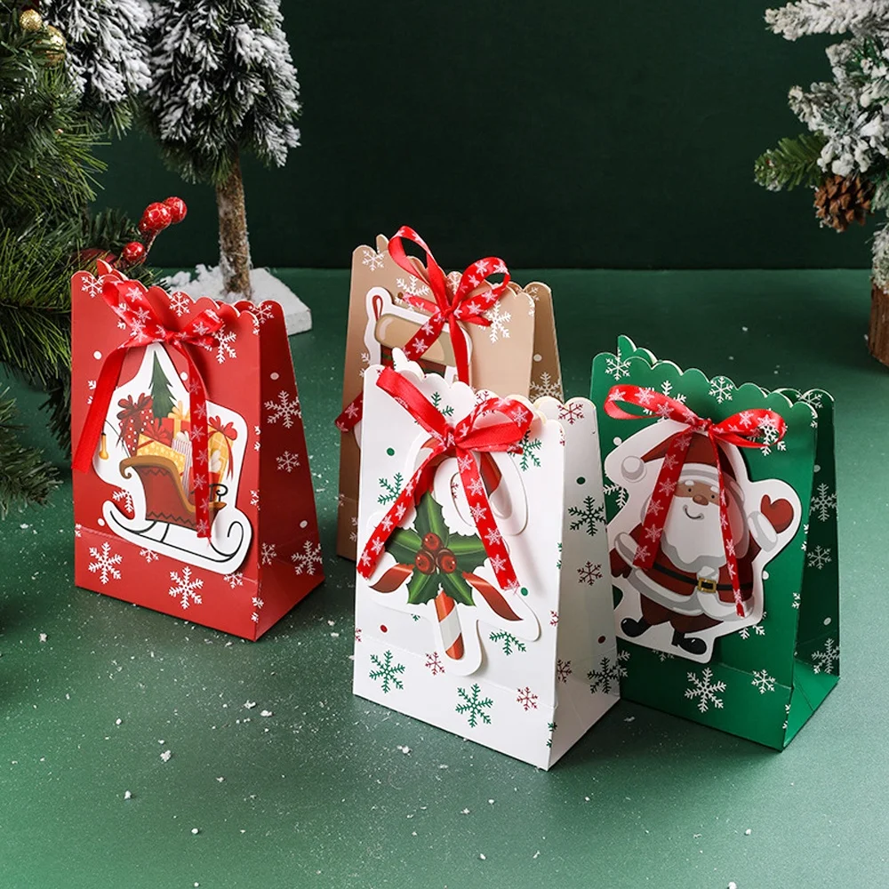 Christmas Themed Ribbon Paper Cookie Gift Bags Candy Sweet Packaging Bag for New Year Merry Christmas Xmas Party Package