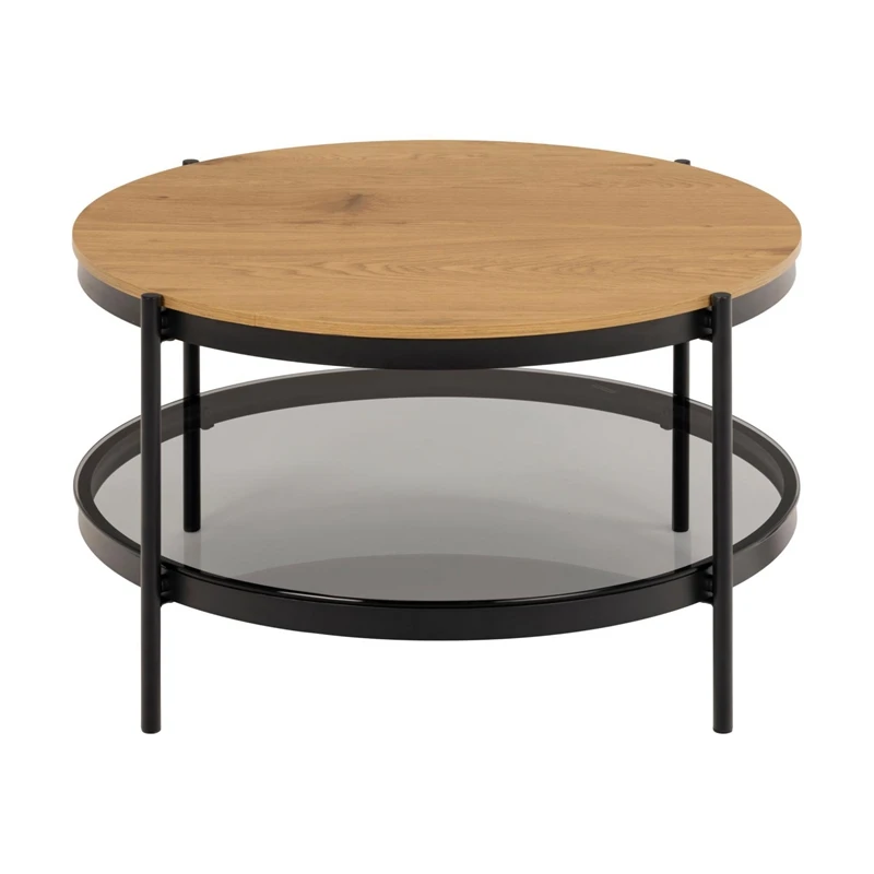 Luxury Matt oak melamine coffee table with modern round smoke glass shelf coffee table