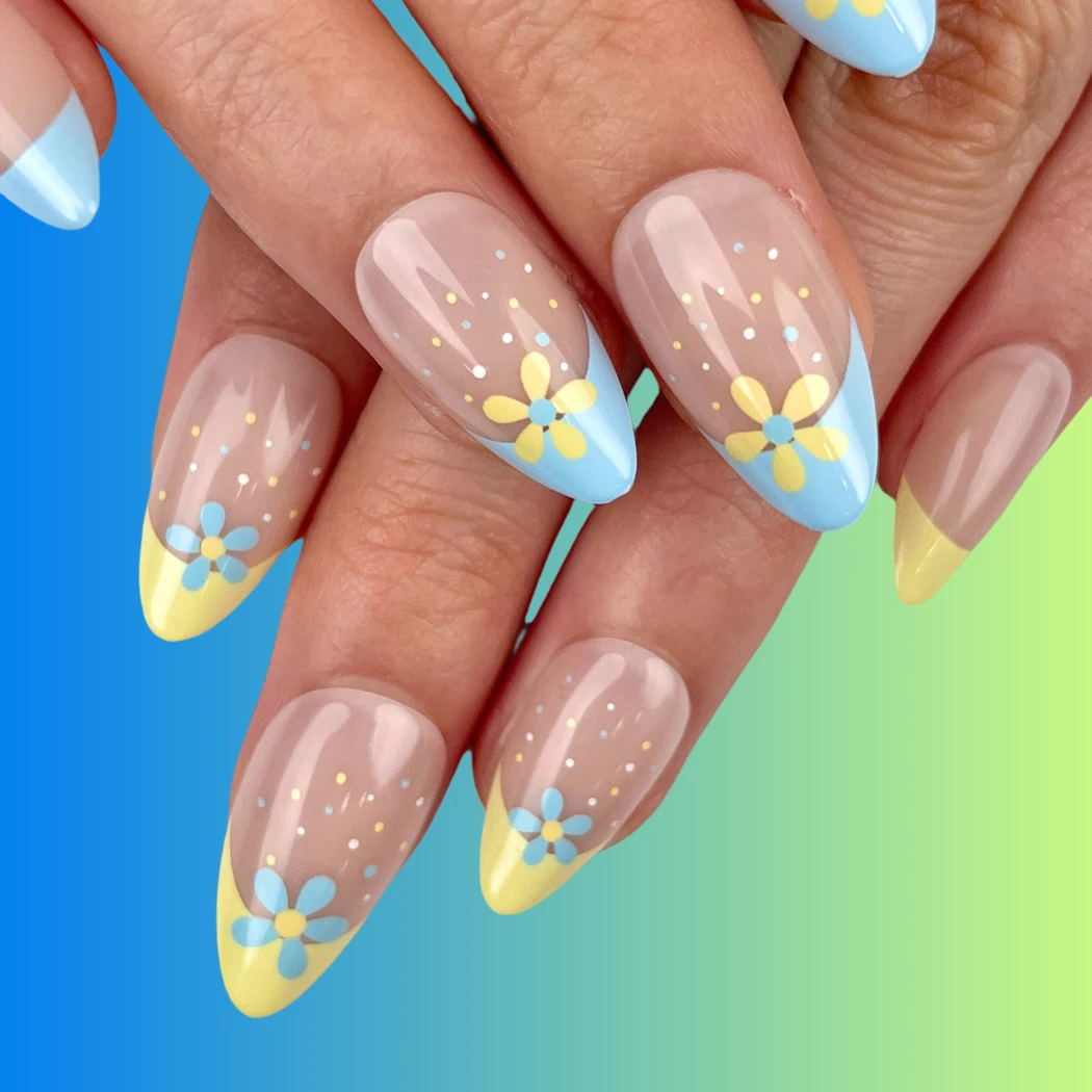 High Quality Fake Nails Supplier Yellow & Blue Flower French Tip Press On Nails Stiletto Almond Artificial Fingernails For Girls