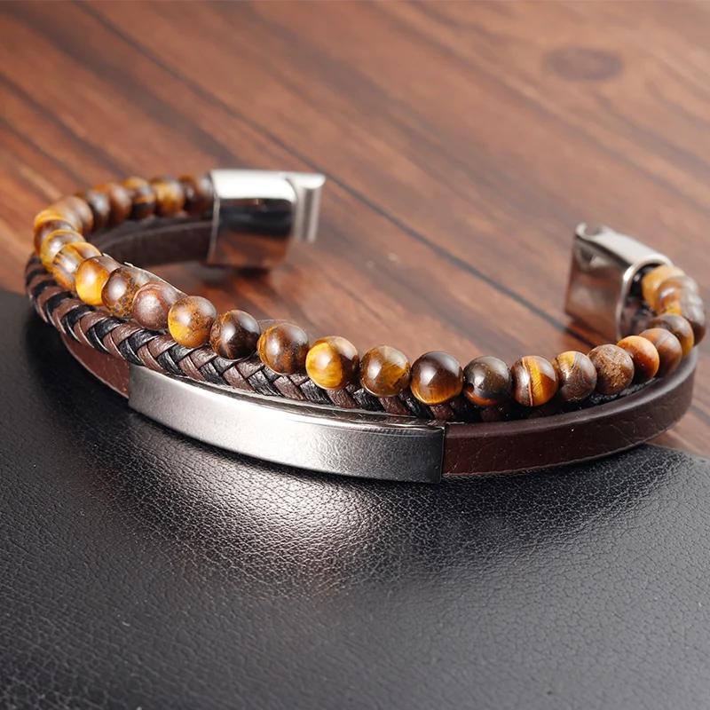 Professional Jewelry Custom Wholesale Daily Wear Natural Stone Beaded Genuine leather Stainless Steel Magnetic Clasp Bracelet