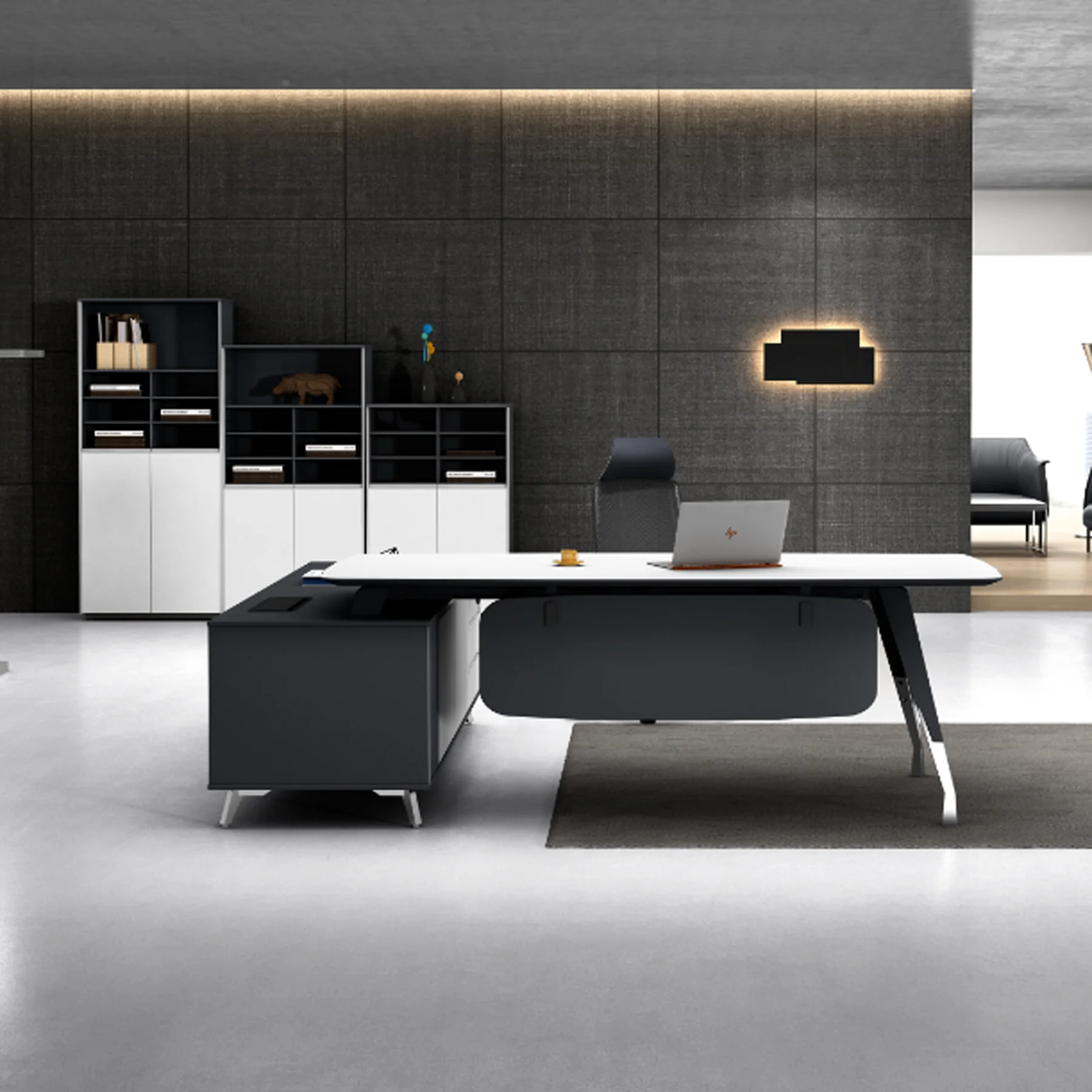 Workspace Office Furniture L shape Manager Leader Working Table With Chrome Legs