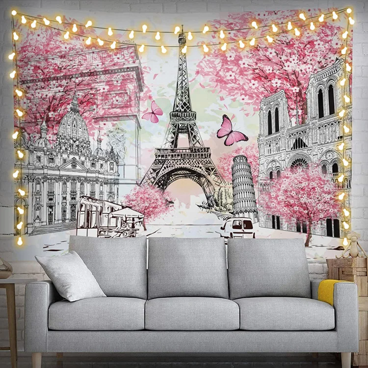 Romantic France Paris Eiffel Tower Tapestries Oil Painting London Red Tree Tapestry for Bedroom