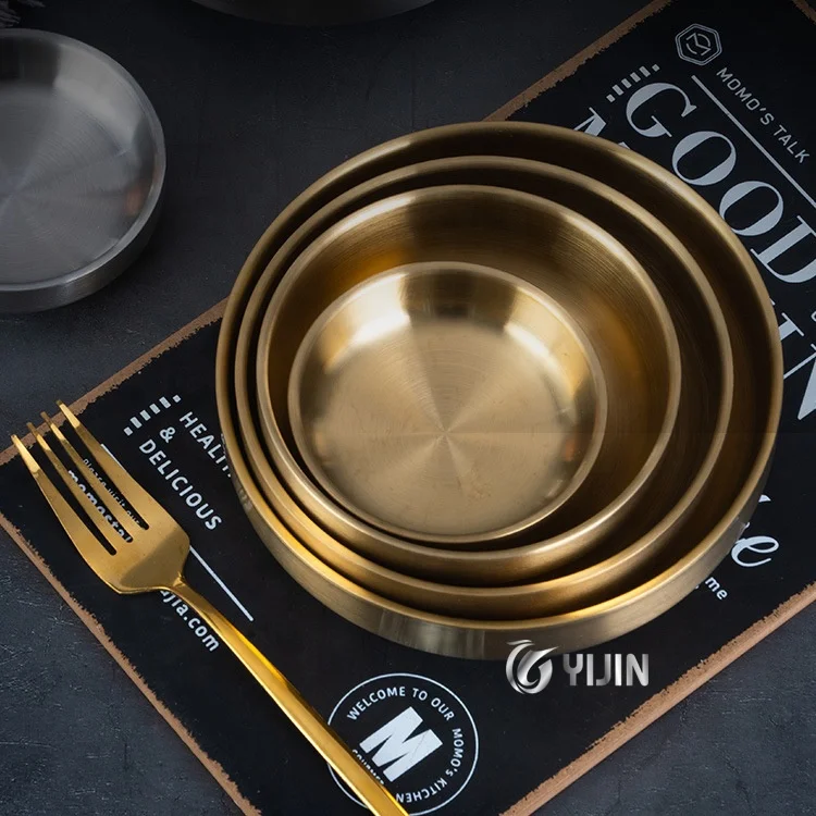Korean style silver gold double layer small appetizer kimchi soup rice serving bowl stainless steel sauce dish