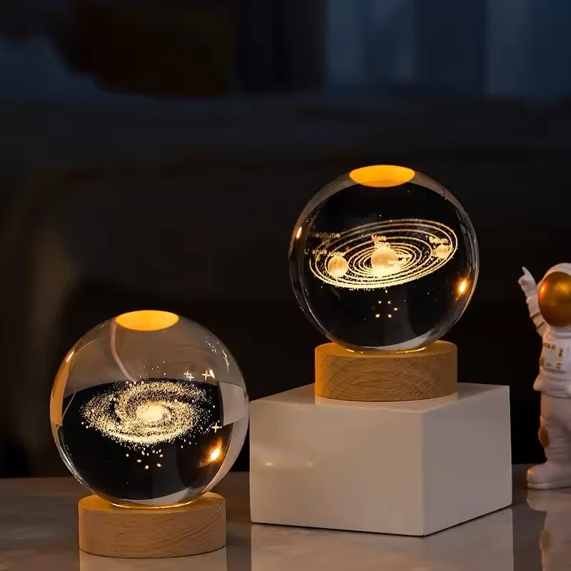 Honor of crystal Solar System Moon Nebula k5K9 crystal ball luminous Crystal 3d Ball Night Lamp with Wooden Led Night Light Base
