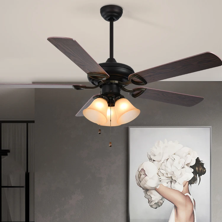 Pull Chain Control Copper Motor 18W 52inch Five Plywood Blades E27 Ceiling Fan Light