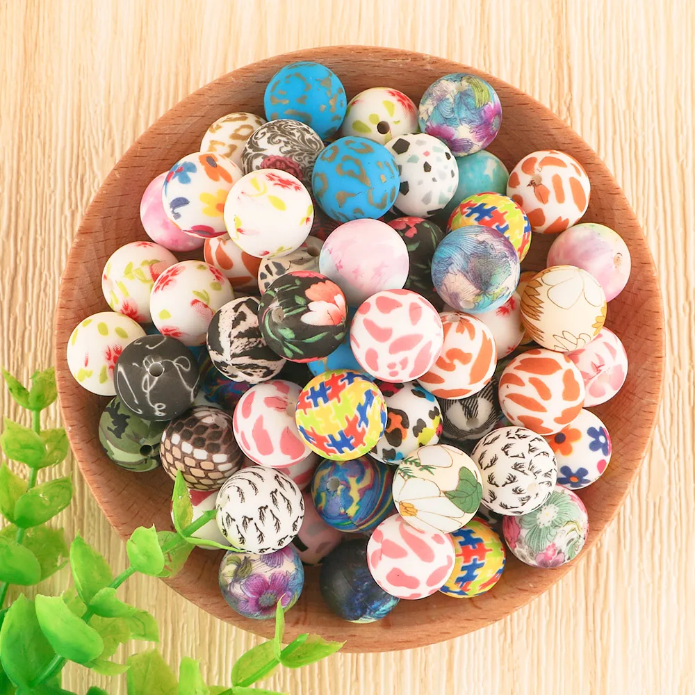 Kovict new arrivals 15mm Silicone Print Bead  BPA Free Baby Teething Round Ball Pearl DIY Accessories printing bead