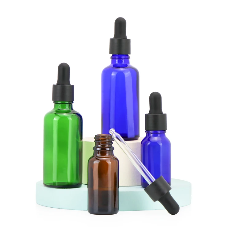Hot sale 5ml 10ml 15ml 20ml 30ml 50ml 100ml amber/black/blue/green/clear empty essential oil dropper glass bottle
