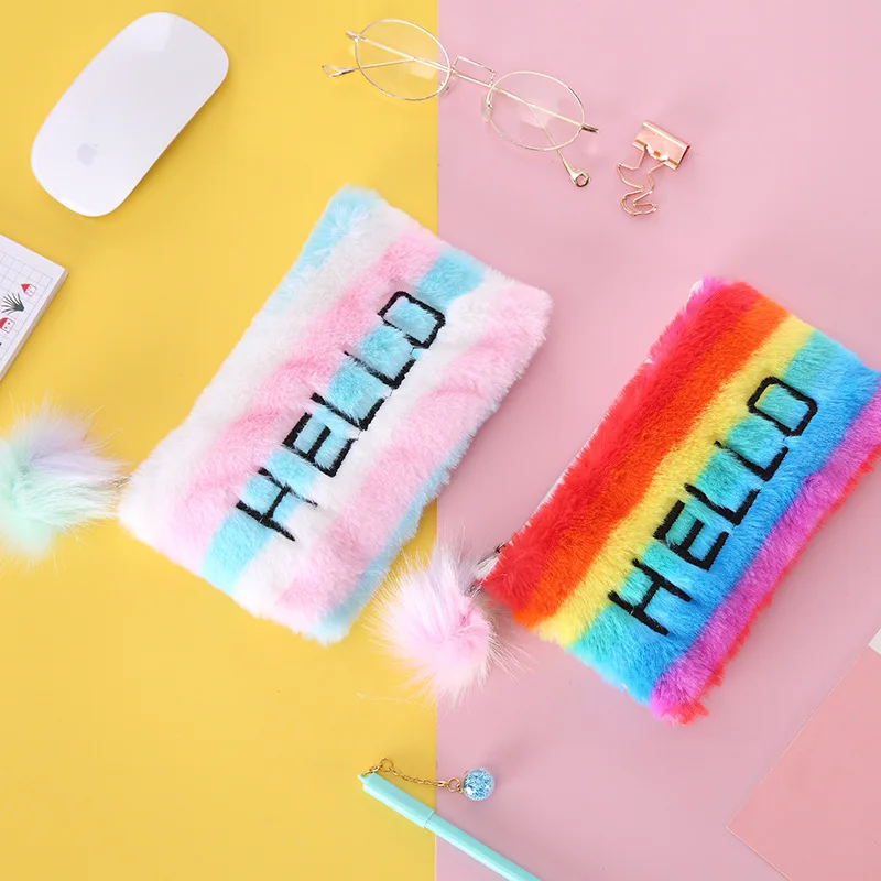 Милый большой плюшевый пенал с меховым помпоном, пенал для девочек, плюшевый пенал, кавайная сумка для макияжа, школьные принадлежности, канцелярские принадлежности