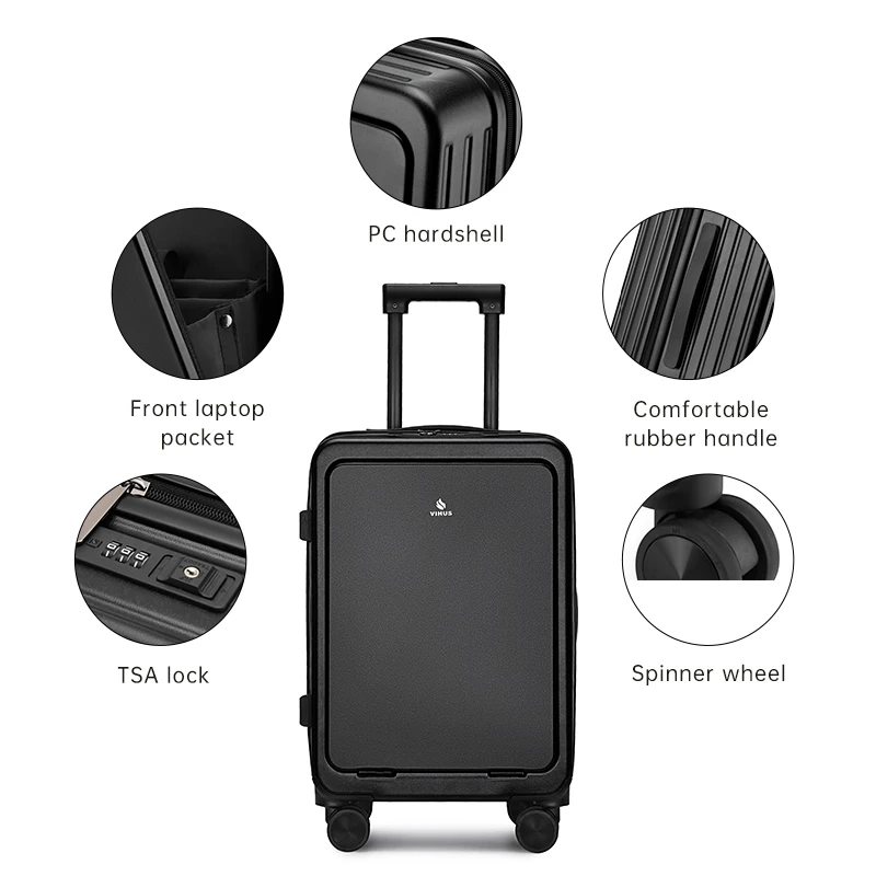 Front opening laptop compartment business trolley travel Explosion-proof Zipper boarding luggage TSA lock with USB port