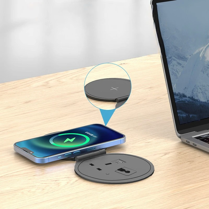 Spongde Wireless Charger Flip British Standard Power Socket Office Furniture Round Concealed USB Round Flip Wireless