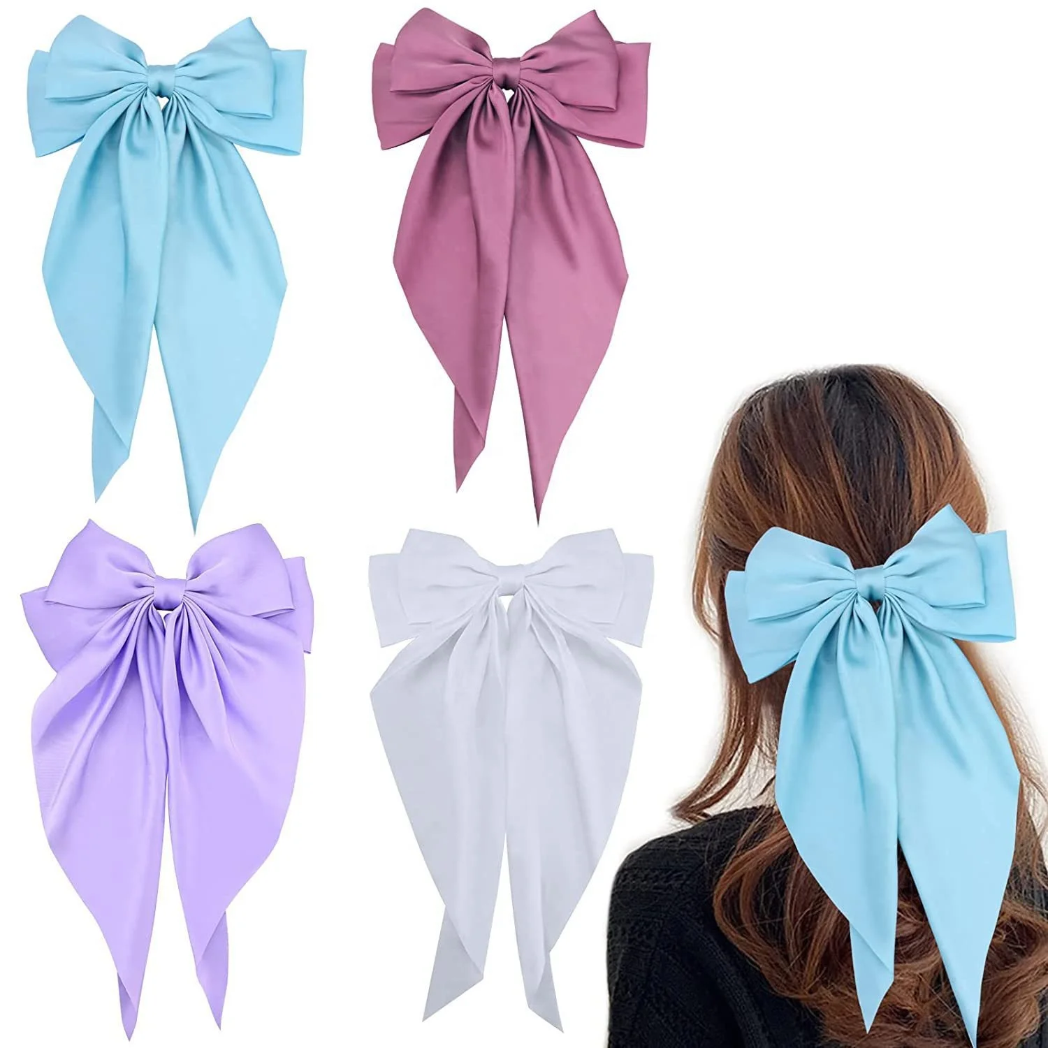 Luxury Elegant  Silk Fabric Pink Satin Bow Hairgrips for Women Long Bow Girls Hair Clips with Ribbon Accessory