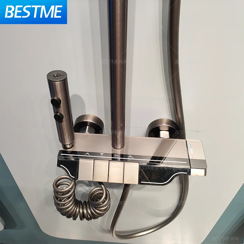 Gun Gray Bathroom Intelligent Piano Digital Display Faucet Shower Rainfall System Set Hot Cold 4 Functions Tap Shower Set