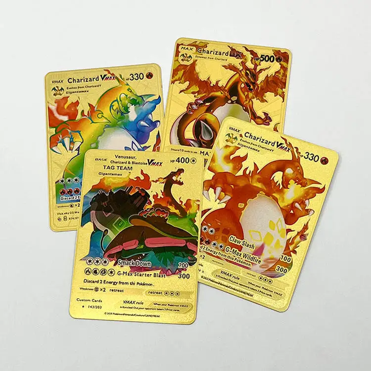 Bozhan High Quality Custom Cheap Wholesale Stainless Steel Metal Gold Game Cards Charizard 1st Pokemoned Cards Vmax