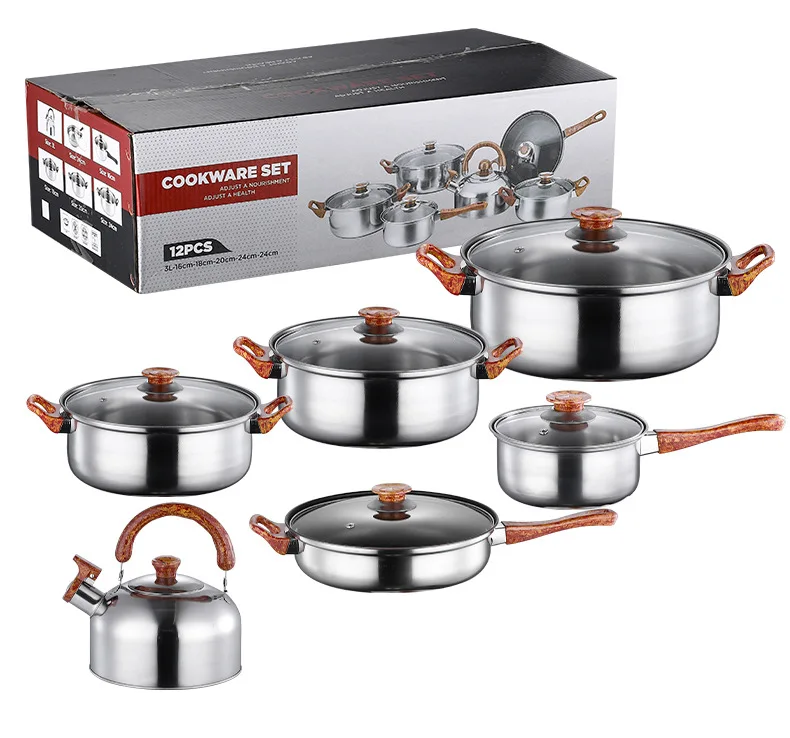 12-Piece Stainless Steel Set Wood Grain Handle Pot Set Multi-function Soup Milk Pot Kettle Frying Pan Cookware Set
