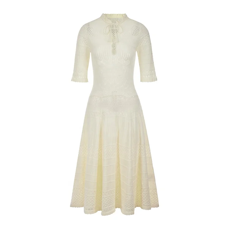 Knitwear manufacturers custom summer v neck beige mesh lace hollow out lace sweet  elegant casual   women knit sweater dress