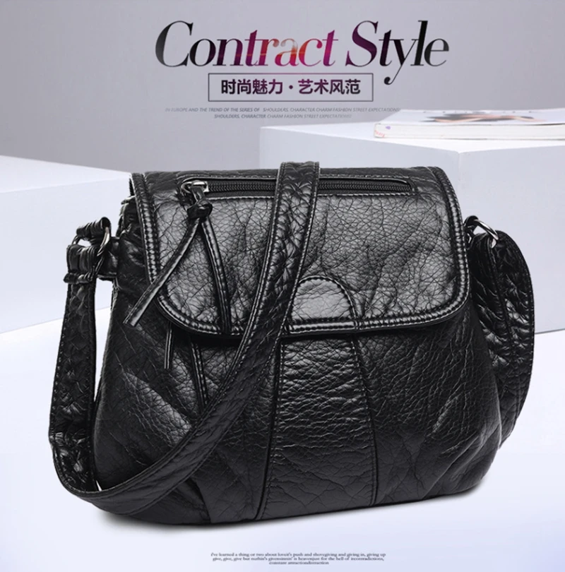 Black Small Messenger Women Bag Soft Washed PU Leather Crossbody Female Handbag Purses lady bag