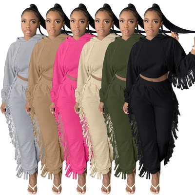2021 Fall Winter New Tassel Leisure Bat Sleeve Hooded Long-sleeved T-shirt Ladies Sweatshirt 2-piece Set